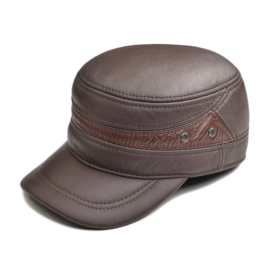VOBOOM Leather Military Army Cap Men's Warm Fall Autumn Winter Hat Ear