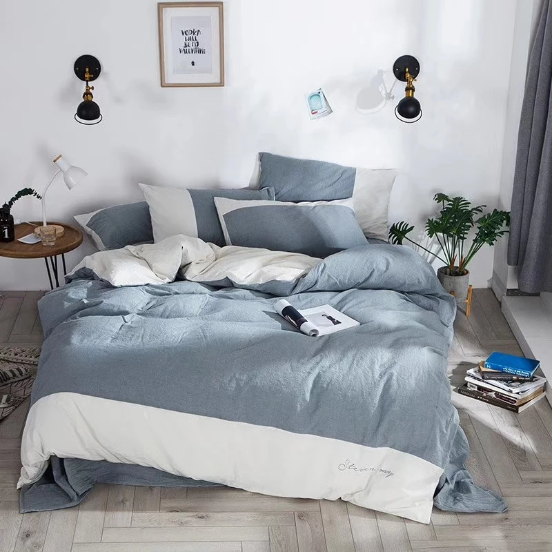 

embroidered Yarn Dyed 100% Washed Cotton Duvet Cover Bedding Set luxury egyptian cotton bed set plaid modern simple style