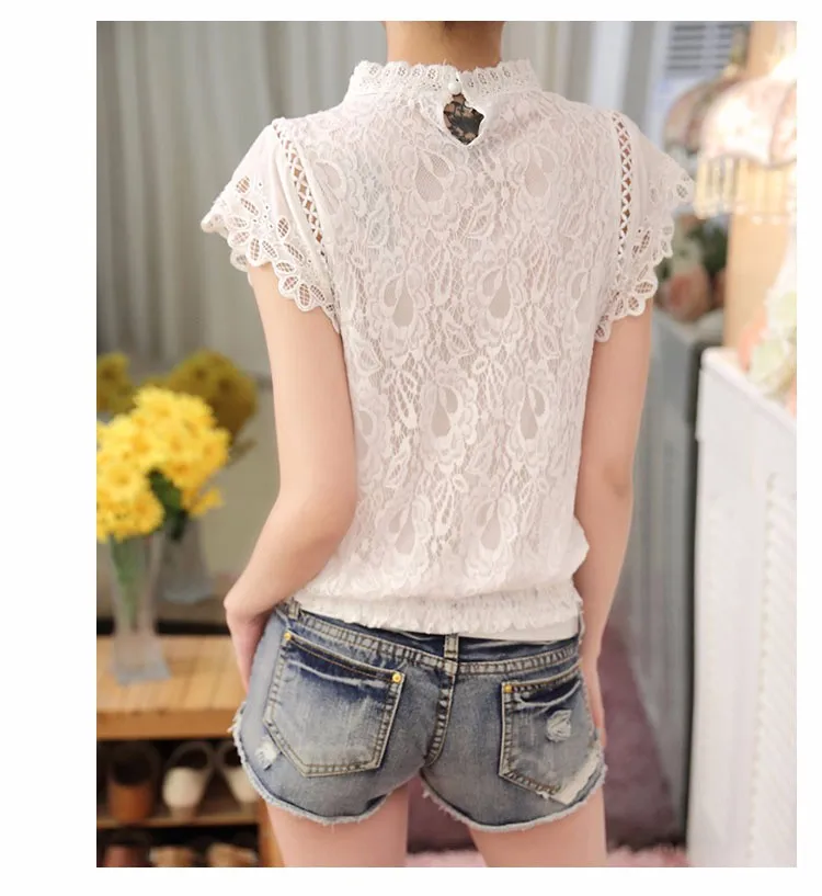 Blusas Femininas 2016 Summer Women Fashion Plus Size Crochet Hollow out Lace Blouse Short Sleeve White Black Slim Tops Shirts  d