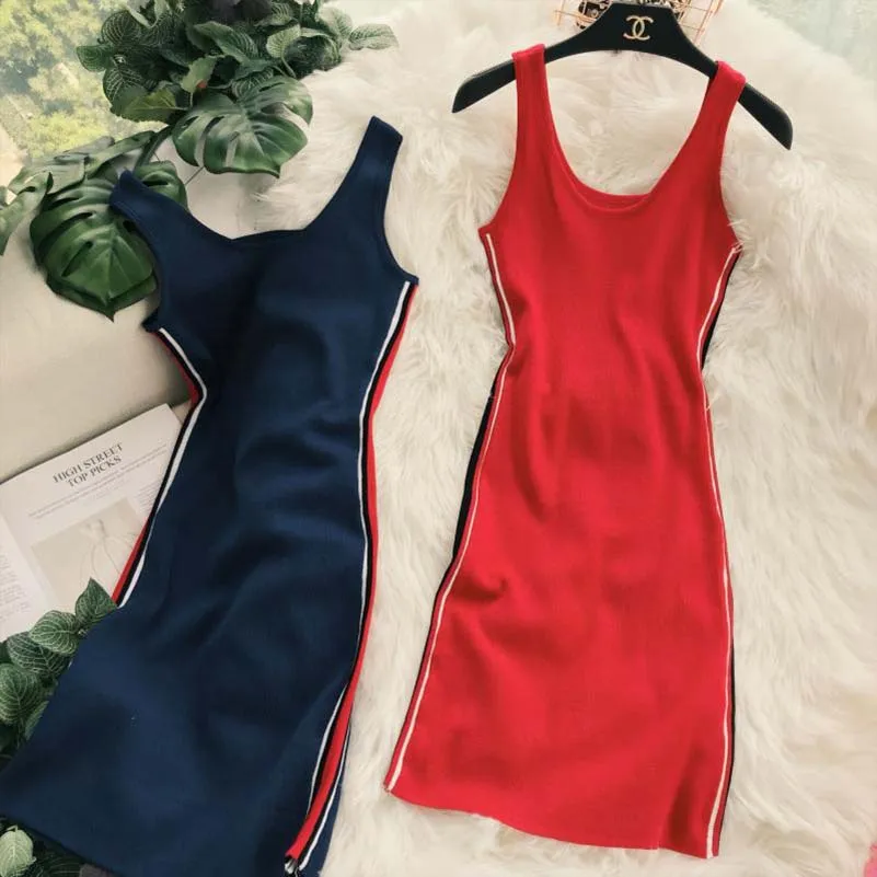 

Summer Striped Dress knitting stretch elegant Bodycon Dress Tunic Fit Slim Women sleeveless dresses evening party dresses