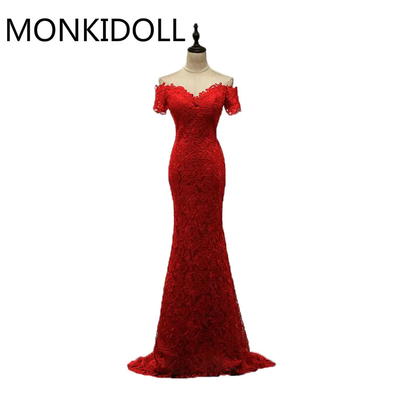 

2017 real photo red lace mermaid off the shoulder evening dress sexy sweetheart neck back button formal dress evening gowns