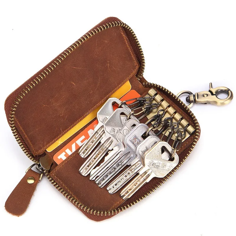 

Uniego Genuine Leather Men Key Holder Vintage Male Zipper Key Wallet High Quality Key Organizer Housekeeper Card Holder HB179