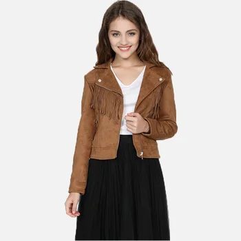 

Women Spring Autumn Moto Biker Suede Jacket New Ladies Slim Long Sleeved Trun Down Collar Zipper Tassels Coat Female Punk Jacket