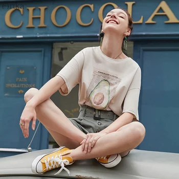 

ARTKA 2019 Summer 100% Cotton Female T-Shirt Fashion Avocado Print O-Neck Casual Loose Short Sleeve T-shirt For Women TA12191X