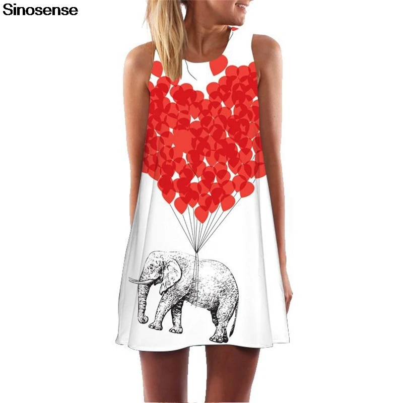 

New Fashion Summer Dress 2019 Sleeveless O Neck Elephant Balloon Printed Vintage Boho Dress Casual Sexy Mini Short Beach Dress