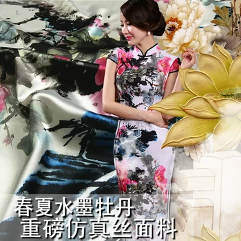 

150 cm heavy stretch fabric high imitation silk cheongsam fabric peony digital print dress kimono fabric wholesale cloth