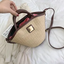 New Drawstring Women's Straw Retro Summer Woven Shoulder Bags Solid Color Shoulder Bag Beach Casual Bag 7.12 casual straw and solid color design shoulder bag for women