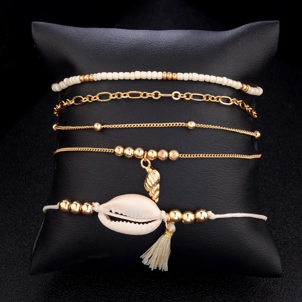 

5pcs/ Set European And American Style Wind Braided Shell Beads Bracelet Set Women Shell Beads Chain Personality Beach