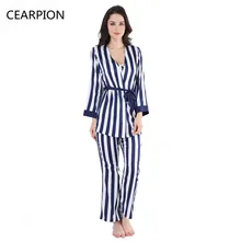 CEARPION пижама в полоску, комплект из 3 предметов, халат, платье и рубашка на лямках, топ и штаны, атласная Модная Пижама пеньюар с длинными рукавами, ночная рубашка, Халат