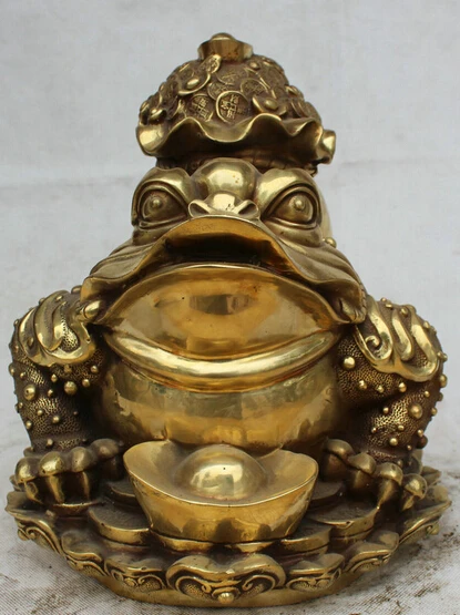 

JP S0524 12" Chinese Fengshui Brass Golden Toad Spittor Money Bag Wealth Coin Rich Statue