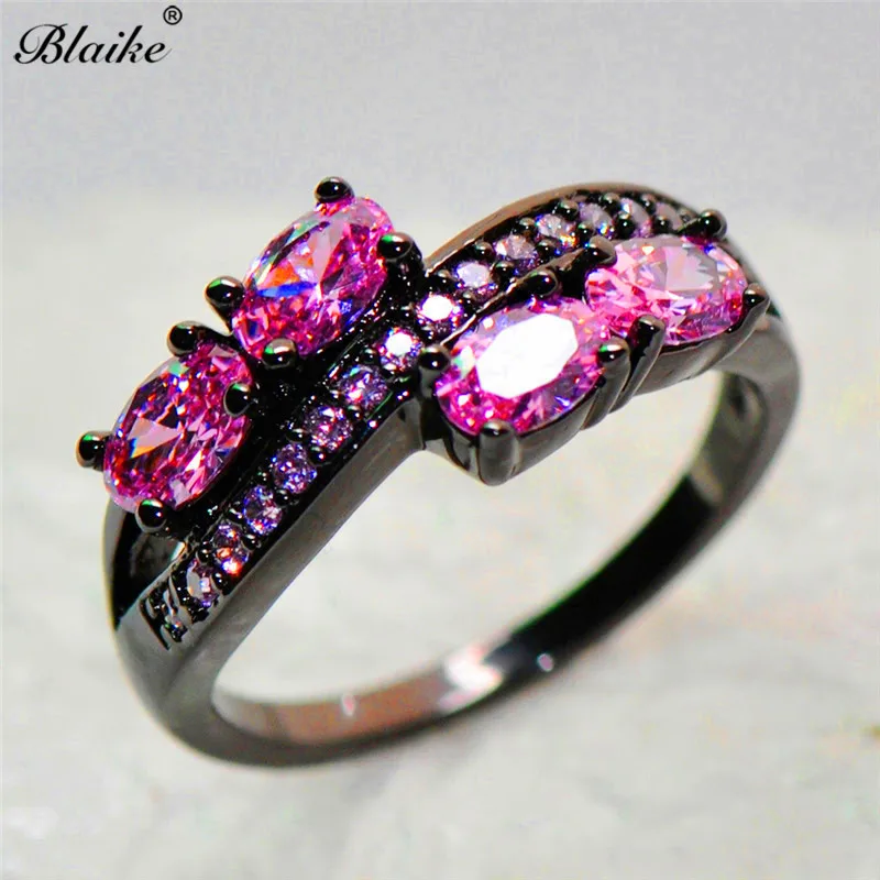 Blaike Овальный розовый камень кубический цирконий Кольца для женский, черный Gold Filled Rock N Rose женские свадебные Обручение ювелирные изделия