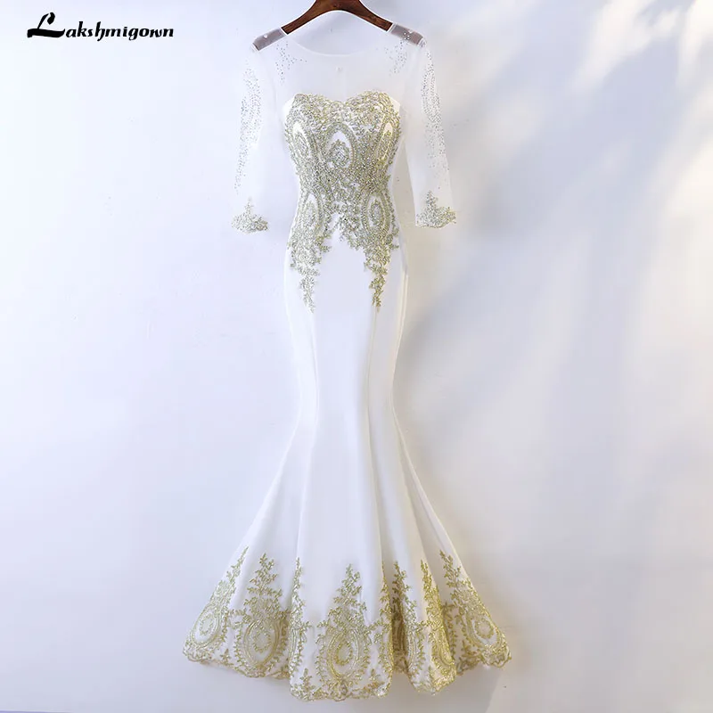 Yellow and White Mermaid Evening Dress long sleeves Floor-Length Appliques Formal Party Gowns Robe De Soiree