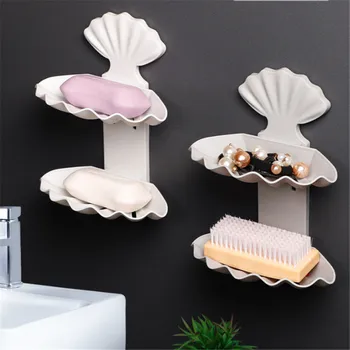 

Multi-functional household Shell Shaped Soap Dish Self-Adhesive Double Layers Soap Tray ABS Plastic Storage Plate Tray Holder Ca