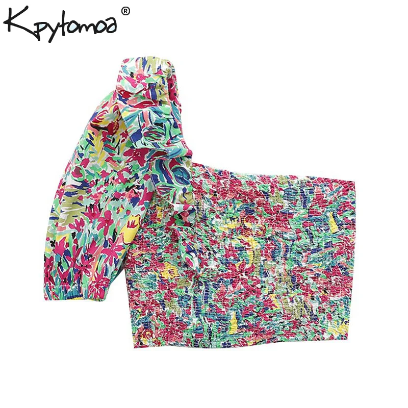 

Vintage Sexy Color Floral Print Short Style Tops Women Blouses 2019 Fashion One Shoulder Ruffles Shirts Casual Blusas Mujer
