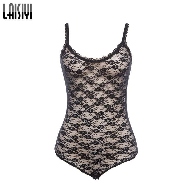 LAISIYI Black Lace Bodysuits Women Sleeveless Backless Slim Floral