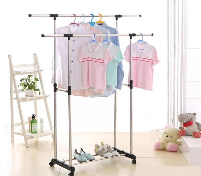 

iKayaa Coat Rack Metal Adjustable Width Double Rail Clothes Dress Hanging Rack Cloth Display Satnd Organizer + Shoes Rack
