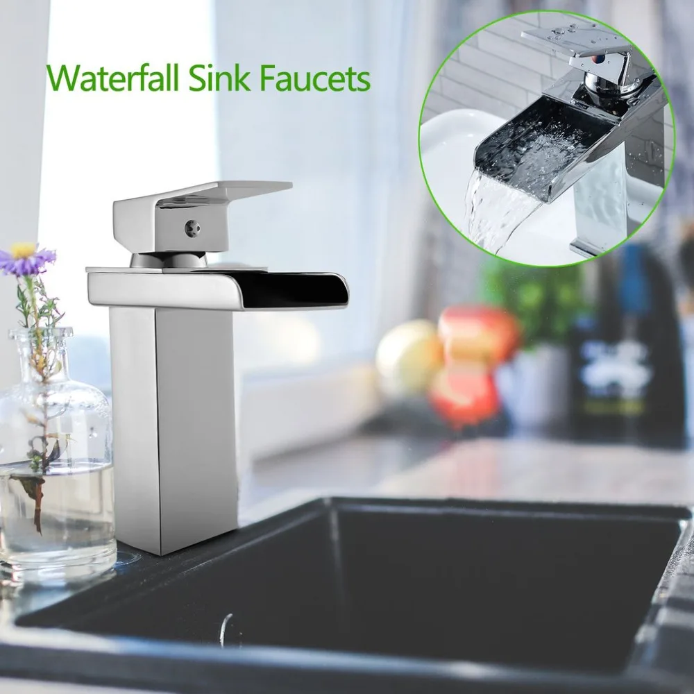 

Waterfall Design Chrome-plating Polished Tap Sink Faucet Square Modern Bathroom Toilet Wash Basin Sink Single Hole Faucet
