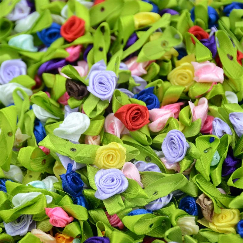 100pcs Mini Satin Ribbon Flower Silk Rose head Ribbon DIY Wedding Bow Appliques Craft Sewing Clothing Accessories  Decoration