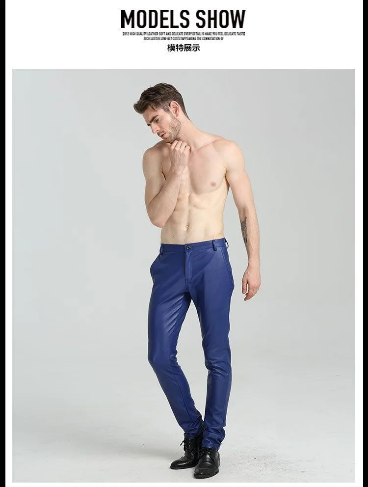 Новое поступление модные мужские красный сине-белые Тощий Карандаш PU кожаные штаны Для мужчин Solid Slim Fit Искусственная кожа Мотобрюки 102005