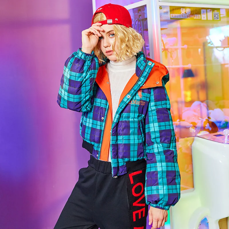 

Women 2019 Winter New Blue Long Sleeve Down Jacket LadyVintage Fashion Lattice Letter Parka Casua Loose Short Hooded Coat Z421