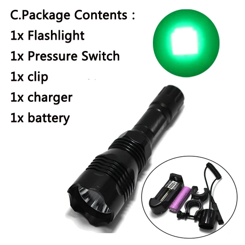 1000LM светодиодный тактический светильник для вспышки, Дальний Красный Зеленый Белый охотничий светильник, фонарь/дистанционный переключатель давления/зарядное устройство/аккумулятор/зажим - Испускаемый цвет: C
