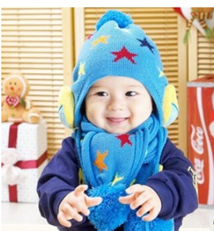 BH40 Kids Boys Girls Crochet Winter Warm Beanie Five Pointed Star Baby Hat Earflap Protection Scarf+Cap 2pc