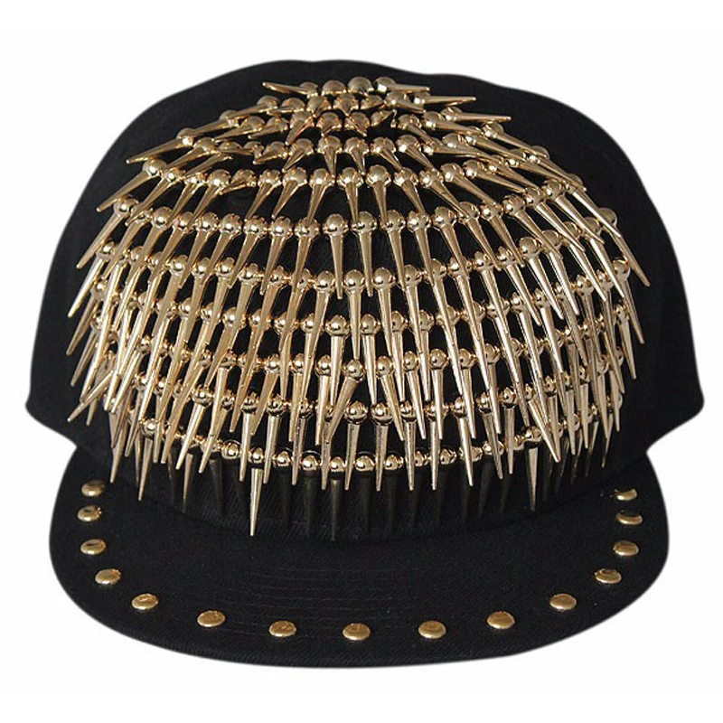 Hip Hop Baseball Cap Punk Rock Black With Gold Rivet Spike Studded Brim Flat Hat