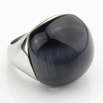 

LYCOON Fashion 100% satisfied big natural Cat's eyes stone round ball Rings 316L Stainless steel Grey opal stone ring for women