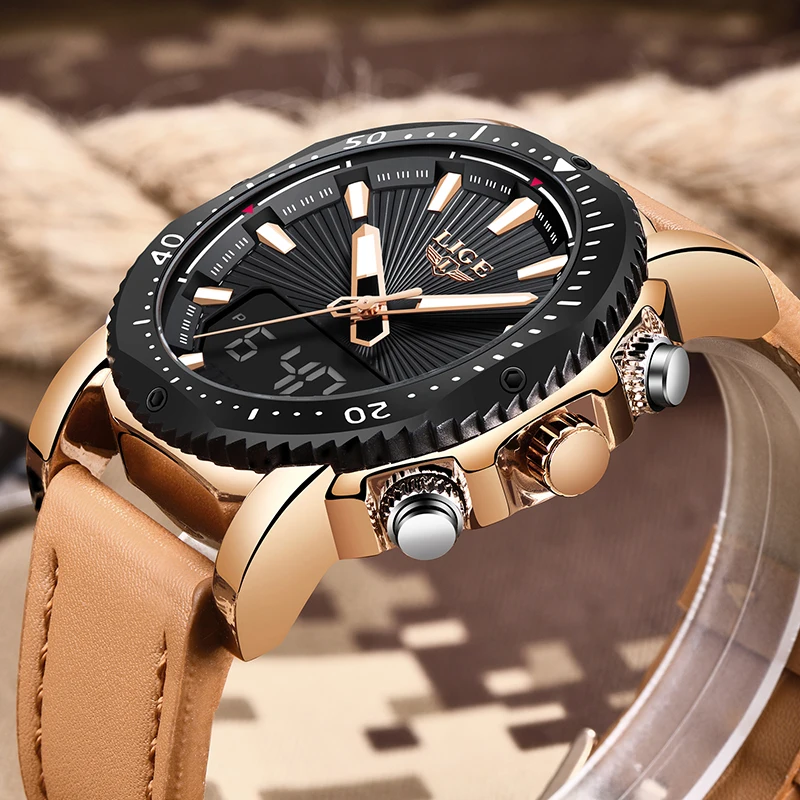 

LIGE NEW Men's Watches Luxury Brand Sport Watch Men LED Digital Waterproof Leather Quartz Watches Man Clock Relogio Masculino