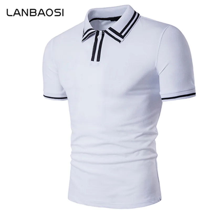 LANBAOSI Slim Fit White Polo Shirts Mens Short Sleeve Striped Collar