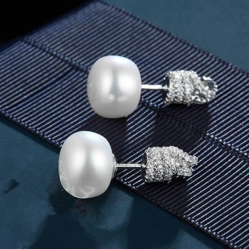 

AAA+ Quality Fashion Pearl Stud Earrings Exquisite Micro Mosaic Top CZ Zircon Rope Knot Double Side Silver Earrings For Women