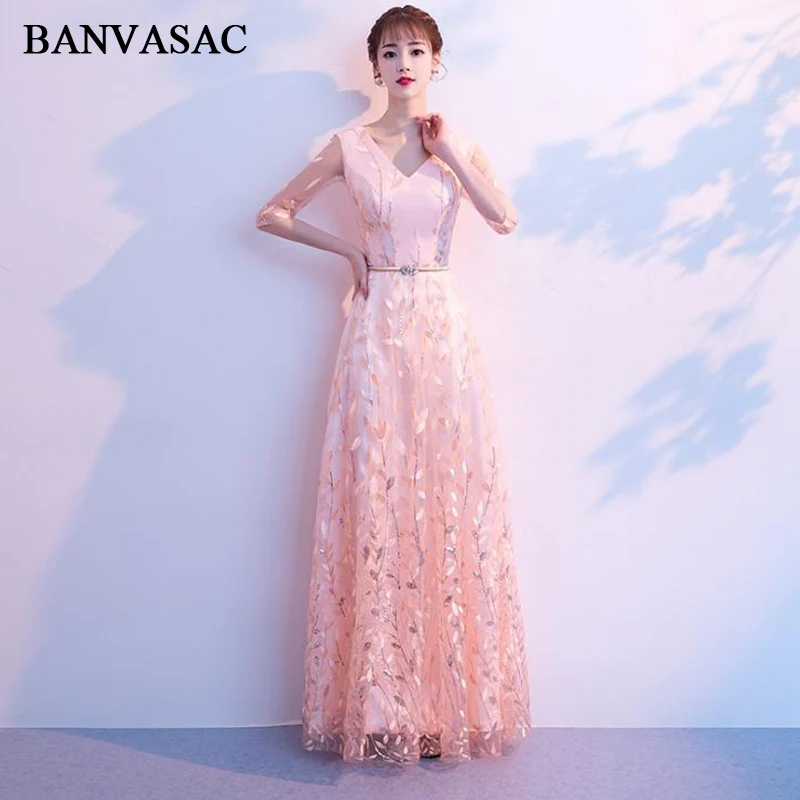 

BANVASAC V Neck Crystal Sash 2018 A Line Long Evening Dresses Lace Appliques Illusion Half Sleeve Backless Party Prom Gowns