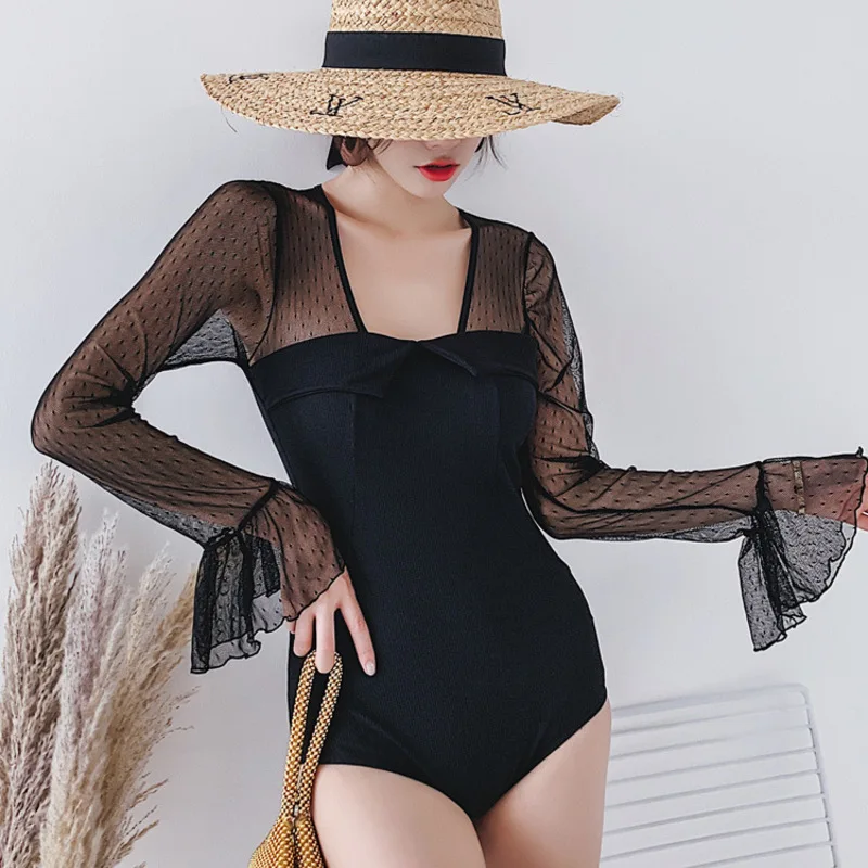 

Women's Bathing Suit Plavky Women Bikinis 2019 Woman Beach Outings Swimwear One Piece Lace Clothes Feeling Black Long Sleeve
