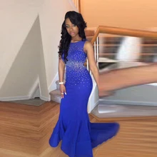 Großhandel Sexy Backless Blue Mermaid Perlen Perlen Abendkleider 2016 Lange Chiffon Partei Abschlussball-kleider vestido de festa VE96