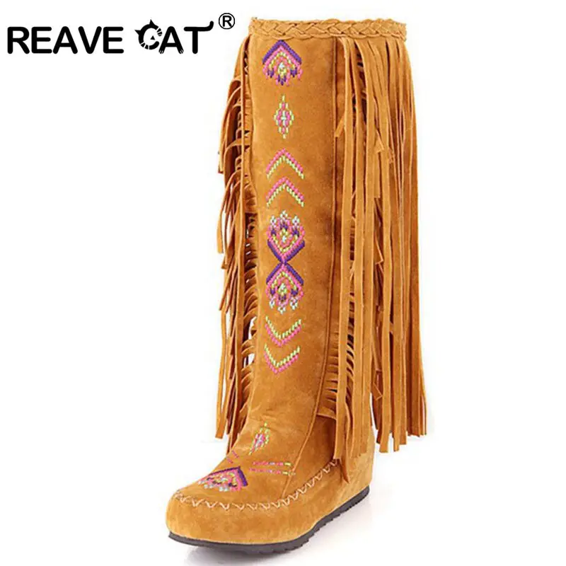 

REAVE CAT Fashion Nation Style Flock Leather Women Fringe Flat Heels Long Boots Woman Spring Autumn Tassel Knee High Boots