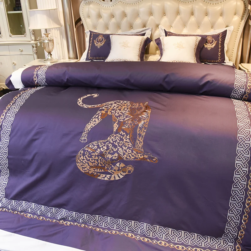 Египетский хлопок с вышитым тигром роскошное фиолетовое Комплект постельного белья 4/6 шт. King queen размер, Комплект постельного белья набор пододеяльник