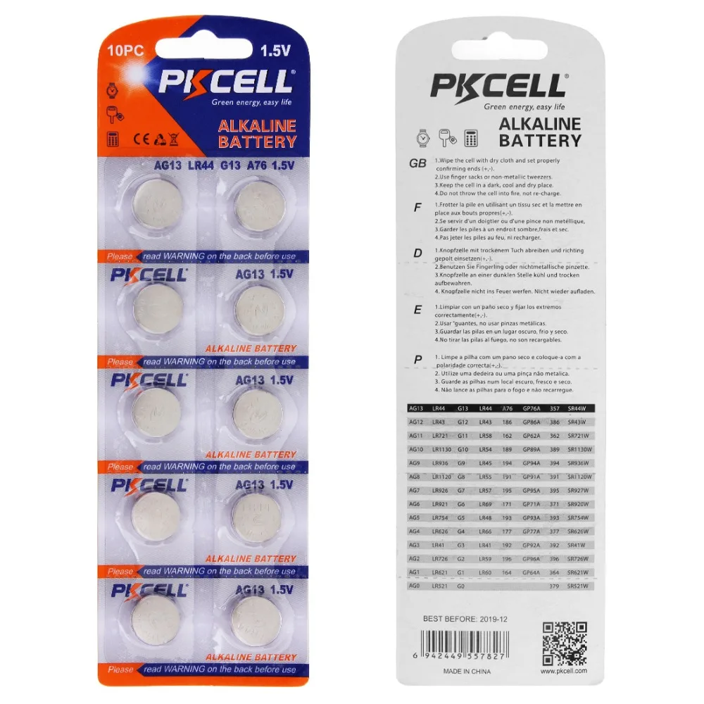 

PKCELL 10Pcs / Card AG13 G13 LR44 A76 1.5V 145mAh Akaline Button Cell Coin Battery Bateria for Watch / Toy / Calculator