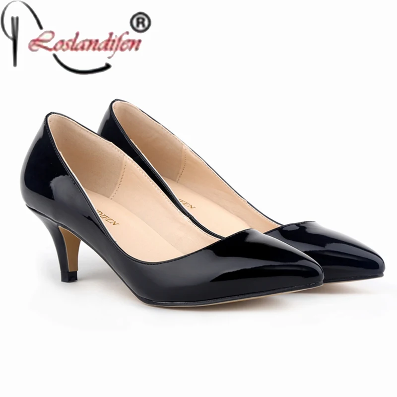 

Plus Size 42 Fashion Sexy Pointed Toe Patent Leather 5CM Comfort Thin mid High Heels Woman Shoes Women's Pumps Black Nude
