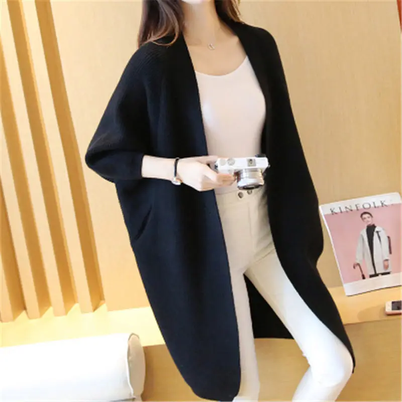 Long Sweater Coat Women's Autumn Fashion Bat Cardigan Knitted Jacket Casual Korean style Loose chaqueta de punto Cape Shirt f973