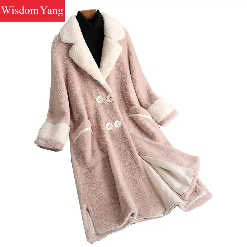 

Elegant Pink Winter Warm Fleece Womens Coat Sheep Wool Collar Coats Long Oversize Streetwear Offies Ladies Overcoat Outerwear