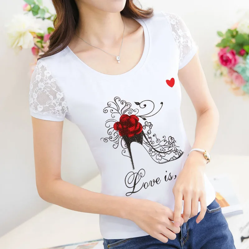 

Camisetas Mujer 2019 Summer Tshirt Women Lace Short Sleeve Lady T Shirt Printing Diamonds Womens T-Shirt Woman Vetement Femme