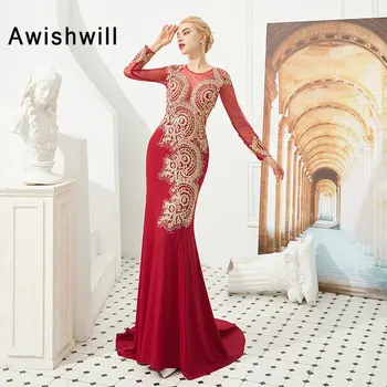 

New Arrival Robe Soiree Dubai Beaded Gold Lace Long Sleeve Prom Dress 2020 Red Mermaid Formal Evening Gown