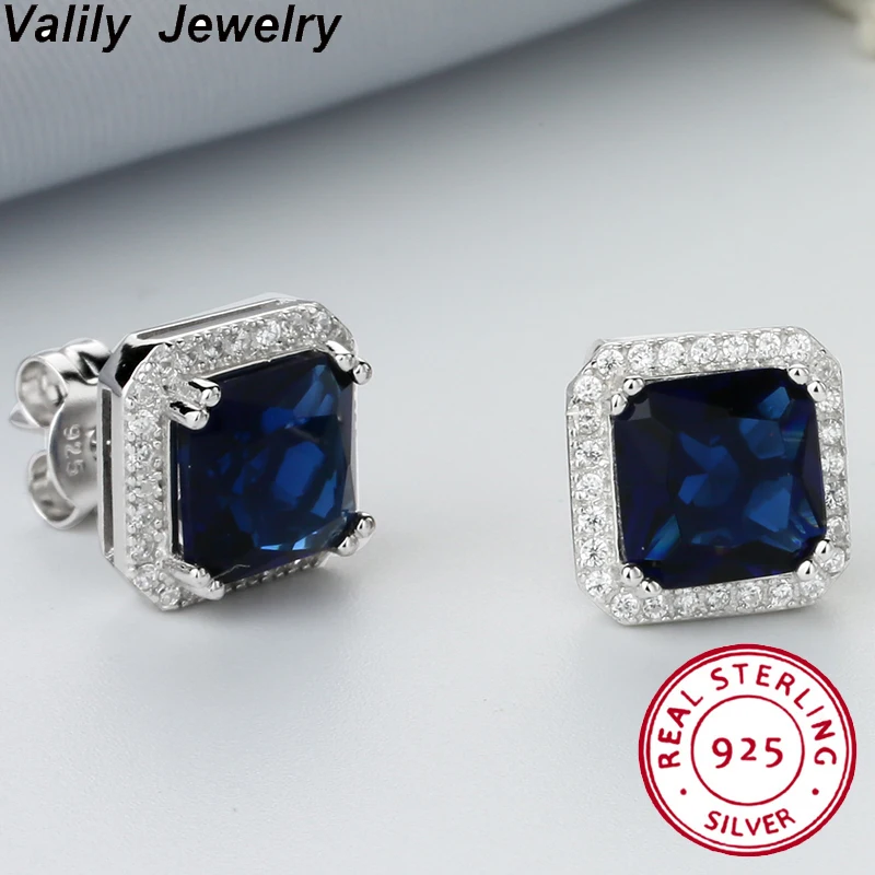 

Valily Women Stud Earrings 3ct Blue Stone Princess Cut 925 sterling silver earrings bijoux wedding earrings Jewelry for Female