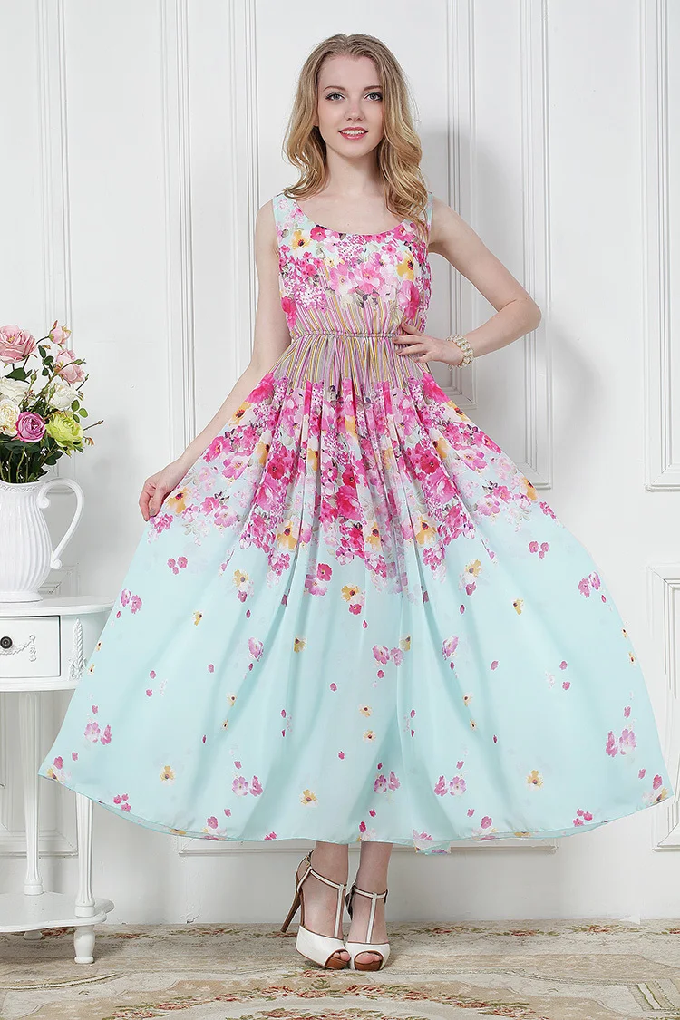 Fashion Women Ladies Girls Casual Beach Chiffon Long Dress Cherry