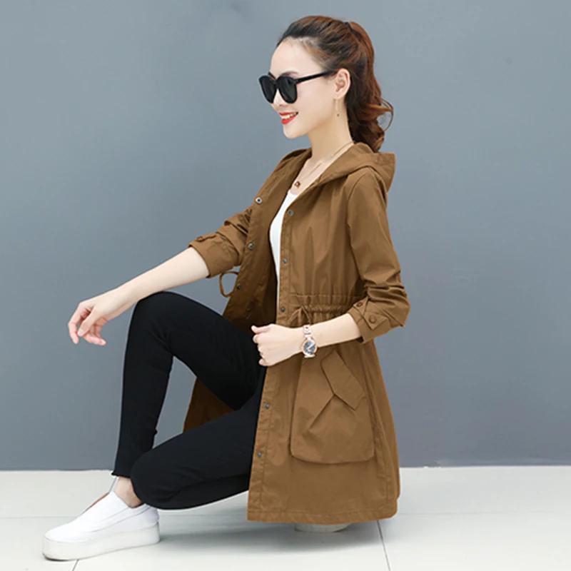 Spring Autumn Trench Coat Women Full Sleeve Thin Overcoat Medium Long Windbreaker Female New Temperament Hooded Clothing