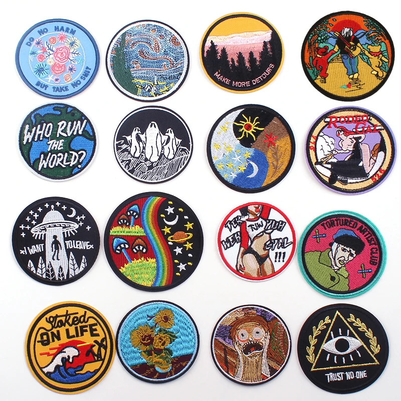 

Pulaqi Round Painting landscape Iron On Patches Sewing Embroidered Applique for Clothes Stickers Badge DIY Apparel Accessory H