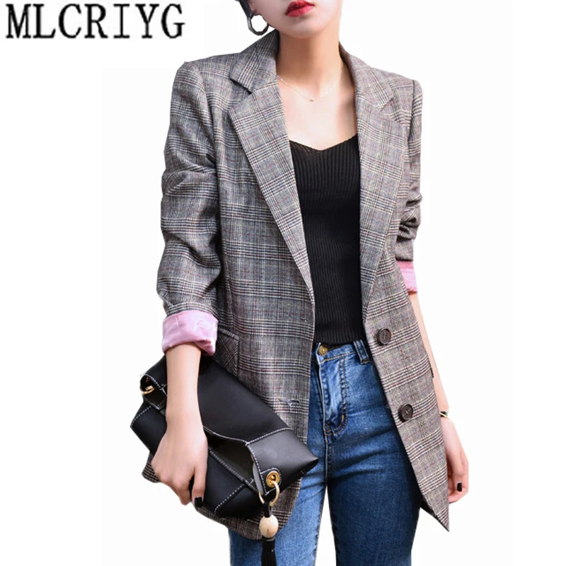 

New Spring Women Blazer 2019 Elegant Casual Tops Basic Jackets Long Sleeve Plaid Suit Caot Women Blazers Lady Work Wear Hot LX98