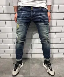 Для мужчин s Узкие рваные джинсы Slim fit Stretch Тощий джинсовые узкие брюки бедствия потертые байкерские джинсы для Для мужчин