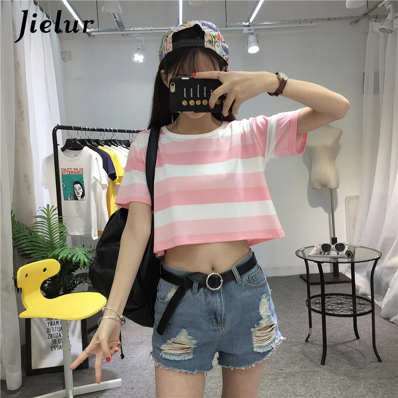 Jielur Summer Crop Top Short Sleeve Streetwear Fashion Pink Striped T Shirt Women O-neck S-XL Sexy Sweet Kpop 2019 T-shirt Femme Jielur Summer Crop Top Short Sleeve Streetwear Fashion Pink Striped T Shirt Women O-neck S-XL Sexy Sweet Kpop 2019 T-shirt Femme