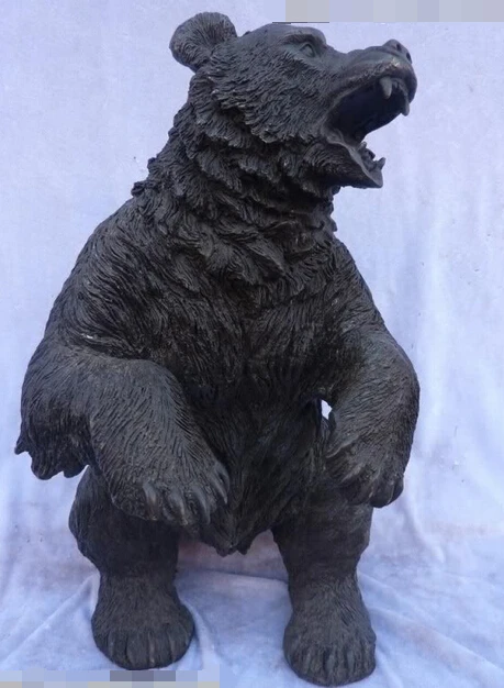 

16"Chinese Eximous Bronze&Marble Stand lifelike feral Fierce Black Bear Statue R0715